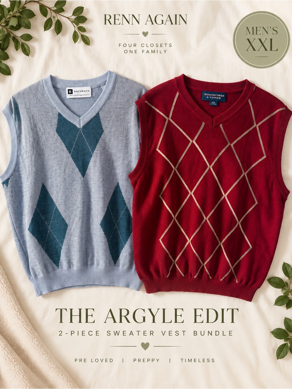 Men’s XXL Argyle Sweater Vest Bundle Bachrach Made in Italy Roundtree & Yorke